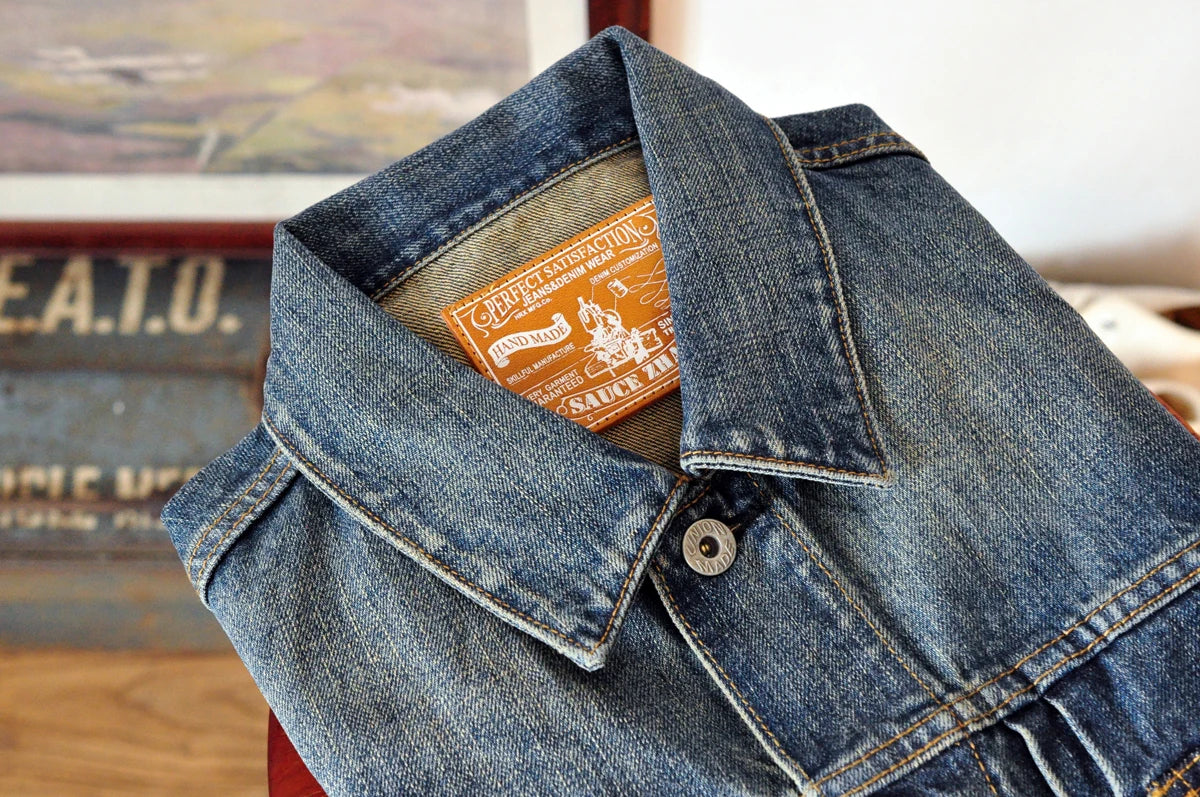 SAUCE ZHAN Distressed Denim Jacket Jean Jacket Men Jeans Men Selvedge Denim Motorcycle Jacket American Casual Wear