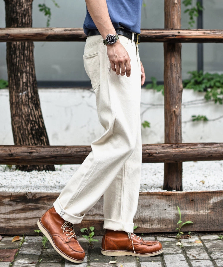 Sauce Zhan Mens Jeans Selvedge Denim White Jeans Regular Fit hight rise 14 Oz One Wash