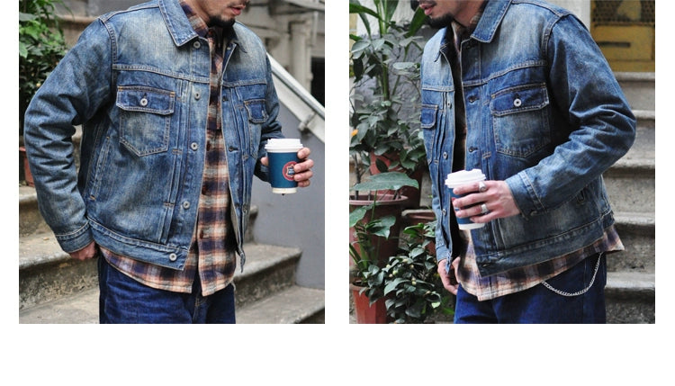 SAUCE ZHAN Distressed Denim Jacket Jean Jacket Men Jeans Men Selvedge Denim Motorcycle Jacket American Casual Wear