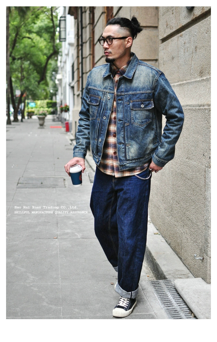 SAUCE ZHAN Distressed Denim Jacket Jean Jacket Men Jeans Men Selvedge Denim Motorcycle Jacket American Casual Wear