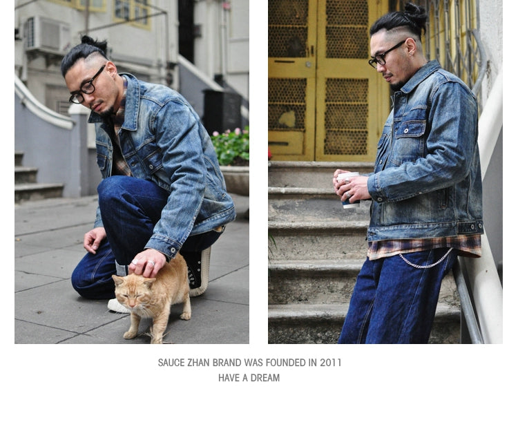 SAUCE ZHAN Distressed Denim Jacket Jean Jacket Men Jeans Men Selvedge Denim Motorcycle Jacket American Casual Wear