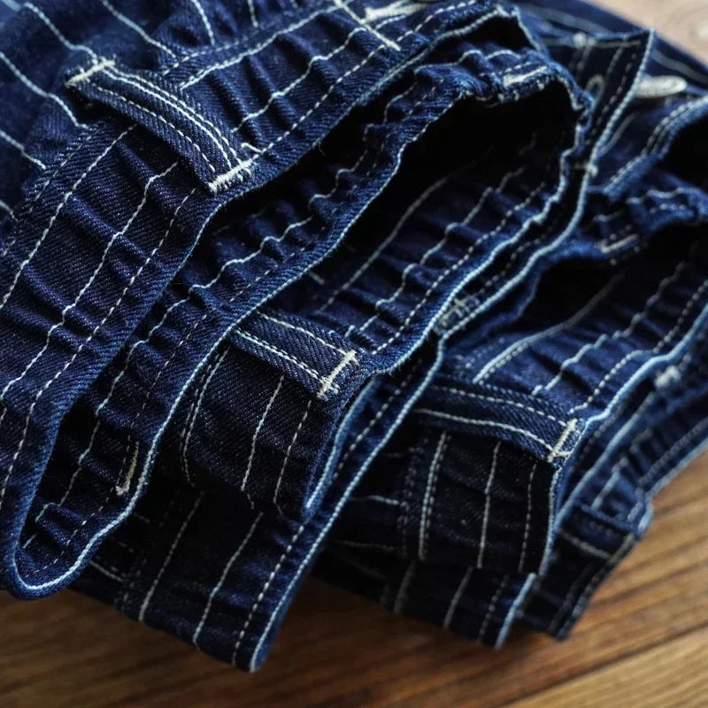 Sauce Zhan Mans Short Summer Cargo Shorts Men Stripe Denim Short Multiple Packets Vintage Knee Length Loose shorts Fit