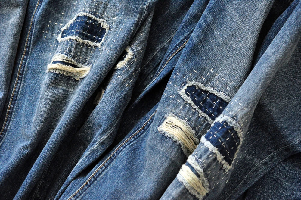 Sauce Zhan Selvedge Denim Jeans Men Ripped Jeans Embroidered Patches Cargo Jeans Distressed Straight Fit 10 Oz