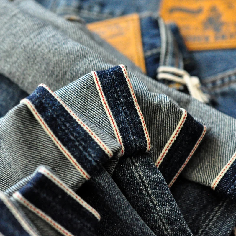 Sauce Zhan Selvedge Denim Jeans Men Ripped Jeans Embroidered Patches Cargo Jeans Distressed Straight Fit 10 Oz