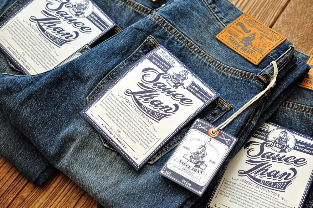 Sauce Zhan Selvedge Denim Jeans Men Ripped Jeans Embroidered Patches Cargo Jeans Distressed Straight Fit 10 Oz