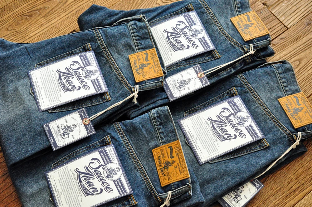 Sauce Zhan Selvedge Denim Jeans Men Ripped Jeans Embroidered Patches Cargo Jeans Distressed Straight Fit 10 Oz
