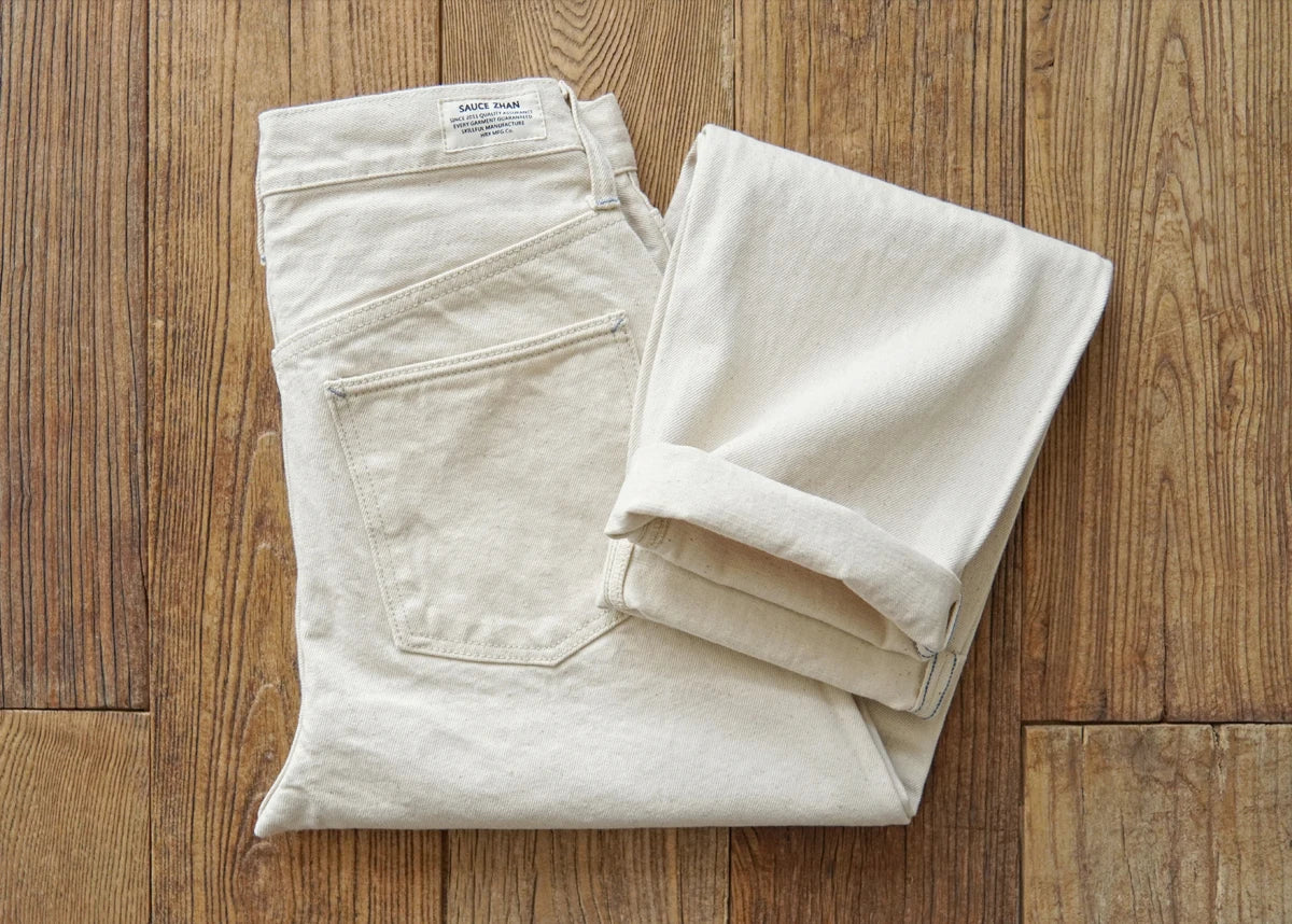 Sauce Zhan Mens Jeans Selvedge Denim White Jeans Regular Fit hight rise 14 Oz One Wash