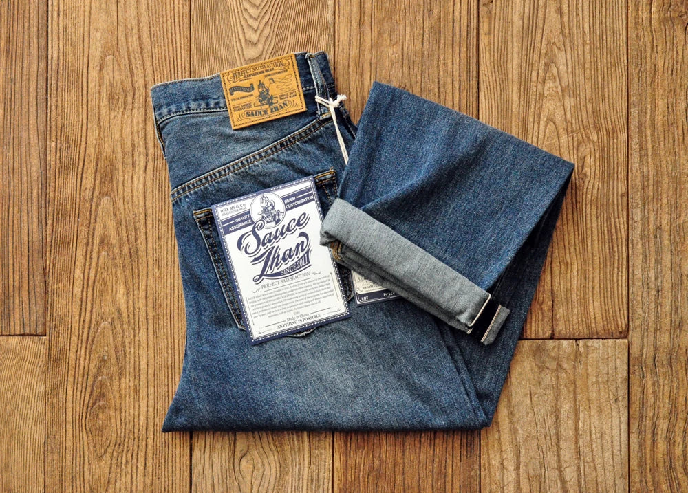 Sauce Zhan Selvedge Denim Jeans Men Ripped Jeans Embroidered Patches Cargo Jeans Distressed Straight Fit 10 Oz