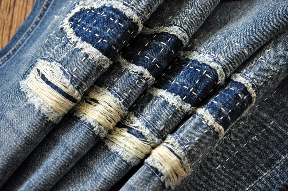 Sauce Zhan Selvedge Denim Jeans Men Ripped Jeans Embroidered Patches Cargo Jeans Distressed Straight Fit 10 Oz