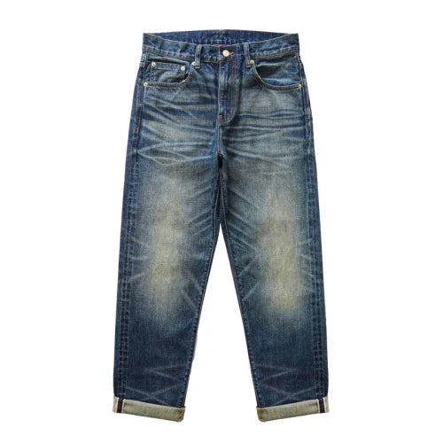 Sauce Zhan Mens Jeans Distressed Wash Jeans for Men Selvedge Denim Regular Fit Straight Leg 14.5 Oz