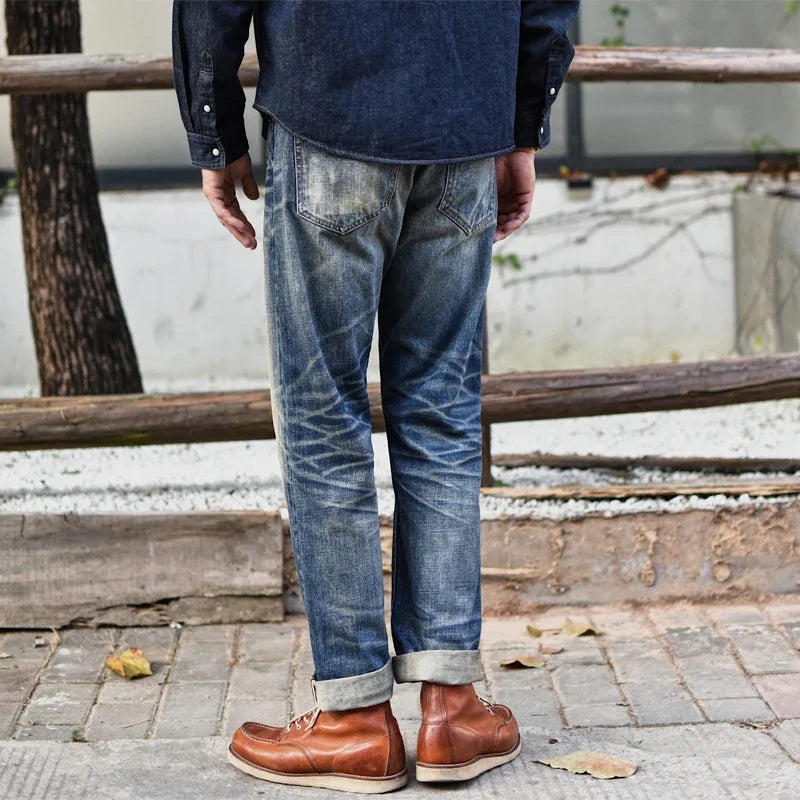 Sauce Zhan Mens Jeans Distressed Wash Jeans for Men Selvedge Denim Regular Fit Straight Leg 14.5 Oz