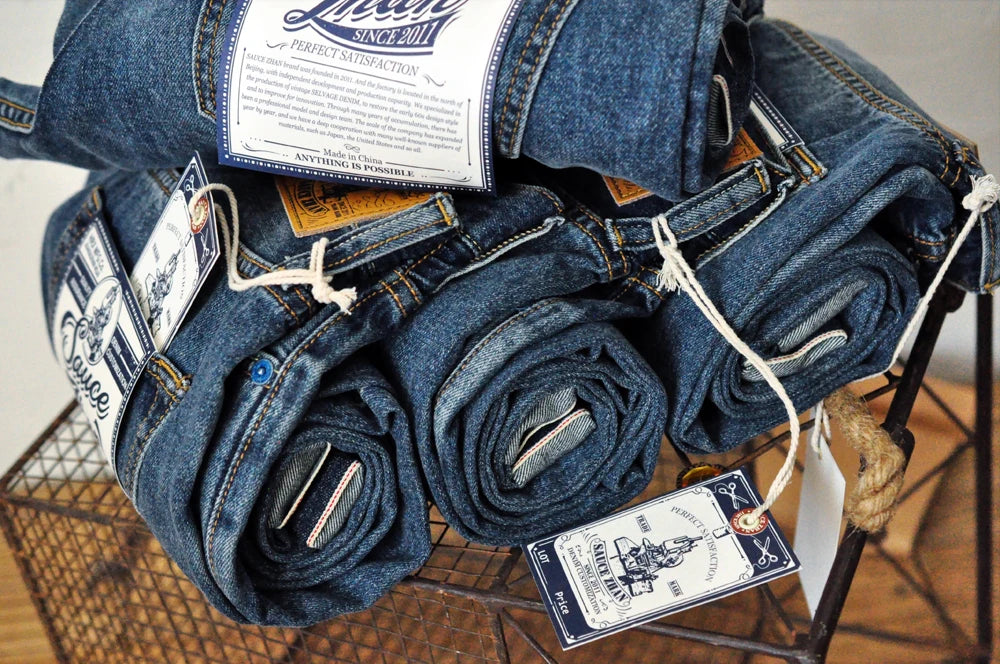 Sauce Zhan Selvedge Denim Jeans Men Ripped Jeans Embroidered Patches Cargo Jeans Distressed Straight Fit 10 Oz