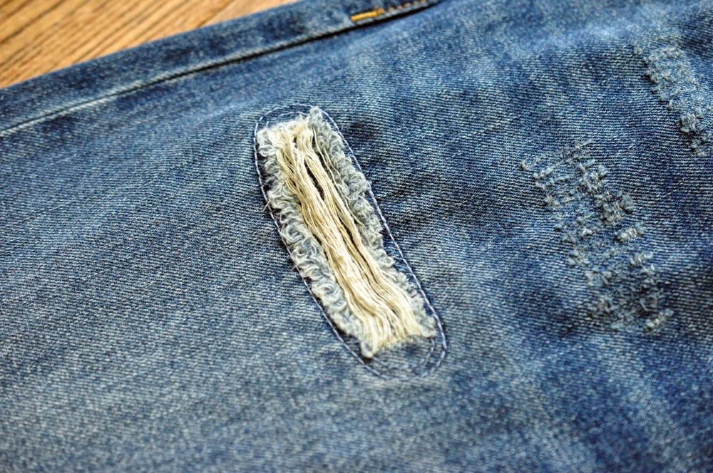 Sauce Zhan Selvedge Denim Jeans Men Ripped Jeans Embroidered Patches Cargo Jeans Distressed Straight Fit 10 Oz