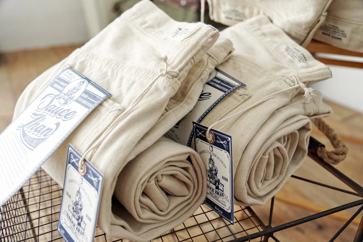 Sauce Zhan Mens Jeans Selvedge Denim White Jeans Regular Fit hight rise 14 Oz One Wash