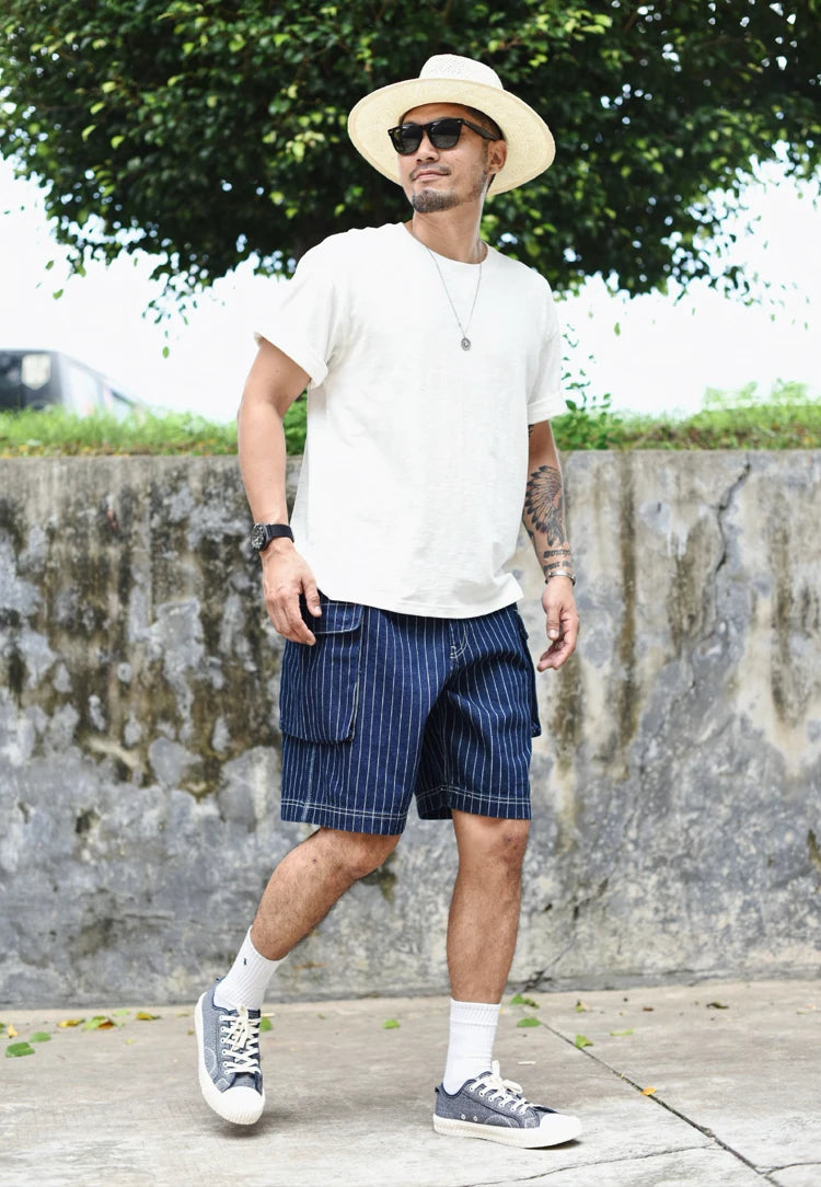 Sauce Zhan Mans Short Summer Cargo Shorts Men Stripe Denim Short Multiple Packets Vintage Knee Length Loose shorts Fit