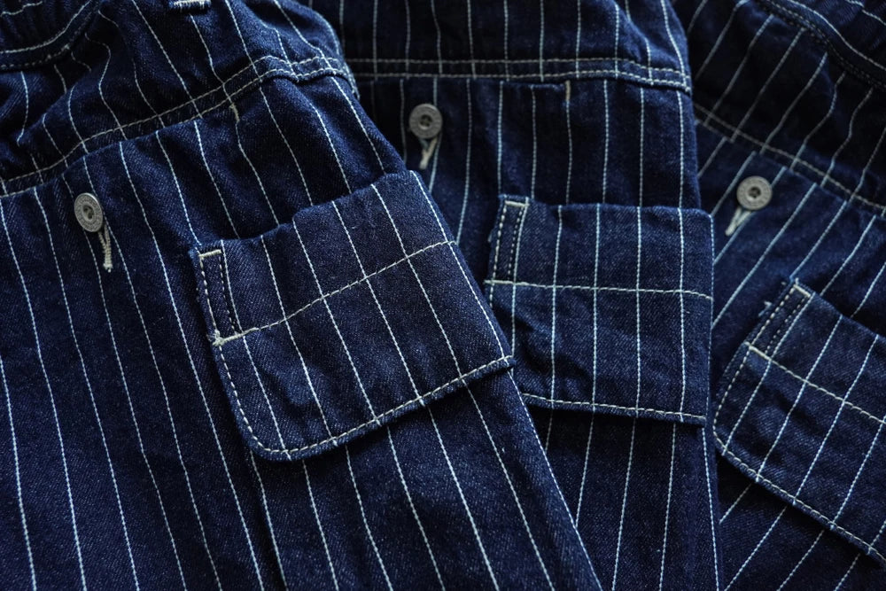 Sauce Zhan Mans Short Summer Cargo Shorts Men Stripe Denim Short Multiple Packets Vintage Knee Length Loose shorts Fit