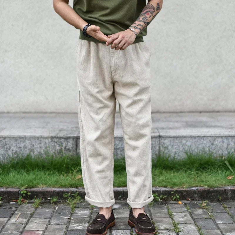 Sauce Zhan Men Pants Linen Pants Men Summer Breathable Casual Pants Ankle-length Loose Fit Taper Leg