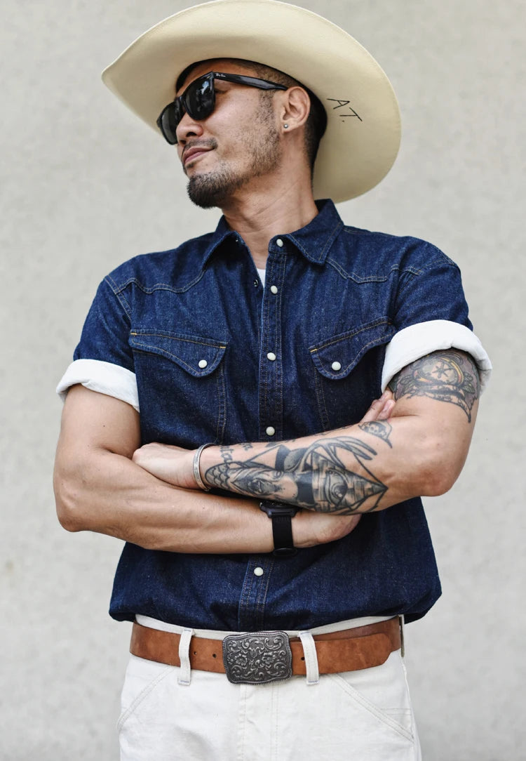 Sauce Zhan Mens Shirts Summer Short Sleeve Vintage Linen Indigo Denim Shirt Double Pockets Regular Fit
