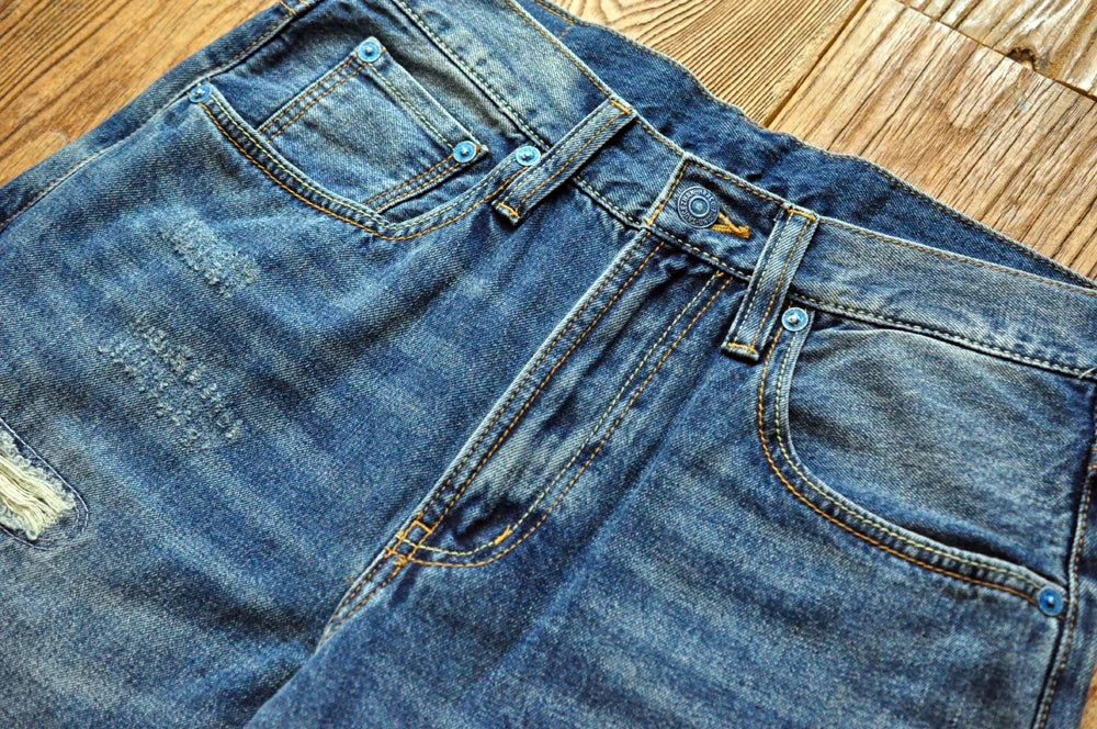 Sauce Zhan Selvedge Denim Jeans Men Ripped Jeans Embroidered Patches Cargo Jeans Distressed Straight Fit 10 Oz