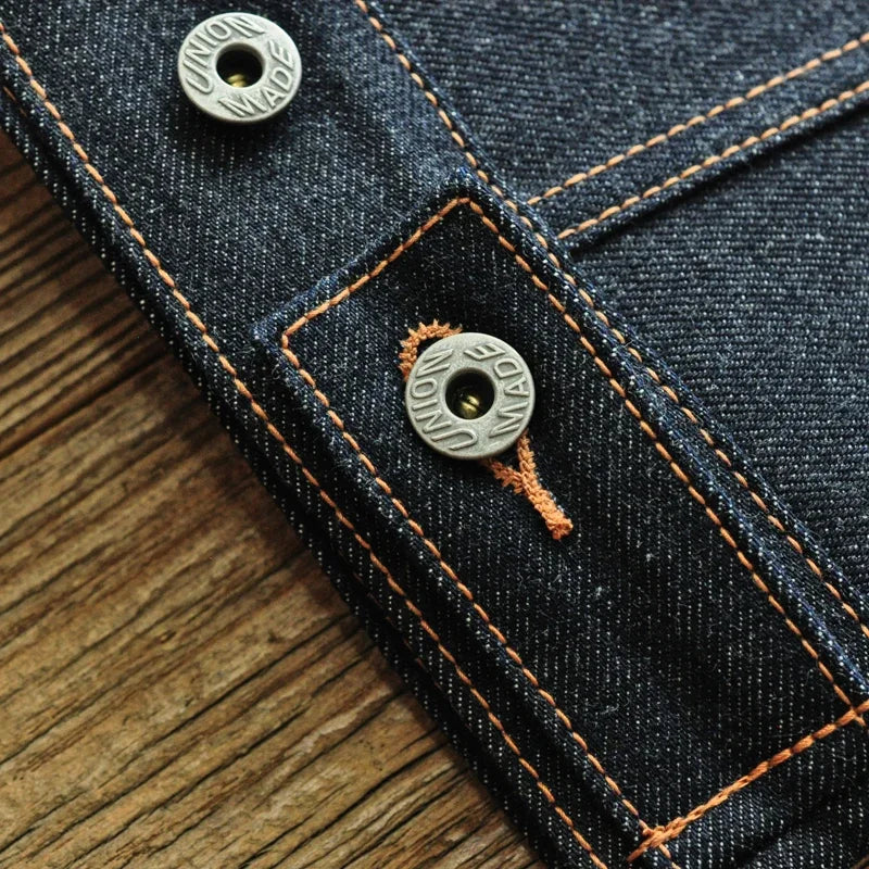 Saucezhan Men Denim Jacket Sanforized Indigo Selvedge Denim Motorcycle Work Jacket 18 Oz Regular Fit