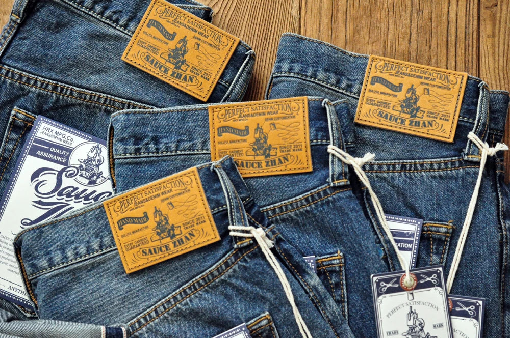 Sauce Zhan Selvedge Denim Jeans Men Ripped Jeans Embroidered Patches Cargo Jeans Distressed Straight Fit 10 Oz