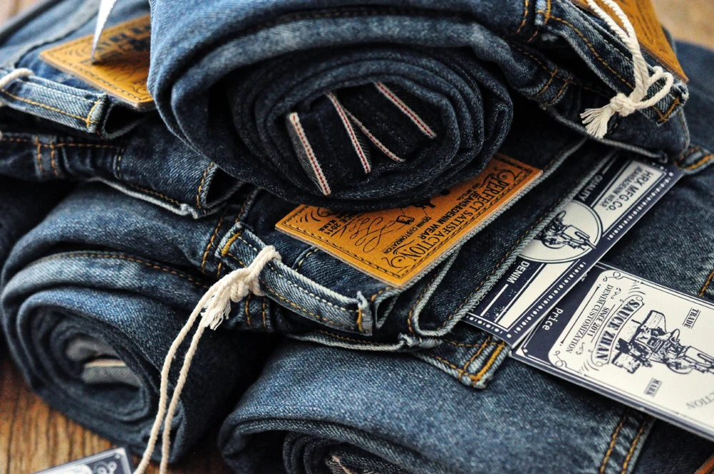 Sauce Zhan Selvedge Denim Jeans Men Ripped Jeans Embroidered Patches Cargo Jeans Distressed Straight Fit 10 Oz