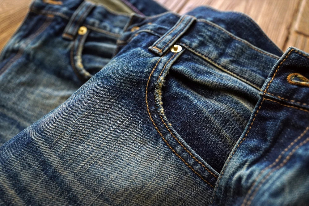 Sauce Zhan Mens Jeans Distressed Wash Jeans for Men Selvedge Denim Regular Fit Straight Leg 14.5 Oz