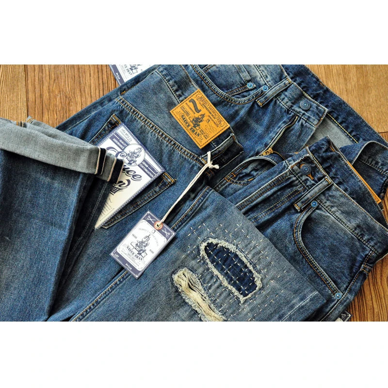 Sauce Zhan Selvedge Denim Jeans Men Ripped Jeans Embroidered Patches Cargo Jeans Distressed Straight Fit 10 Oz