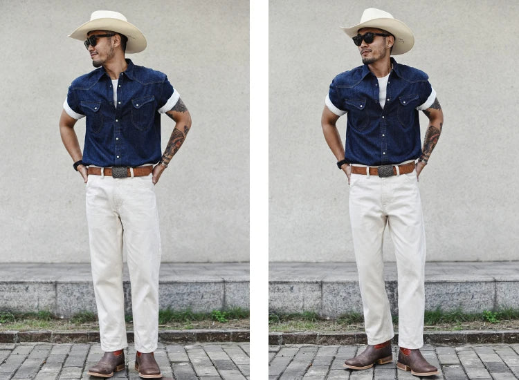 Sauce Zhan Mens Shirts Summer Short Sleeve Vintage Linen Indigo Denim Shirt Double Pockets Regular Fit
