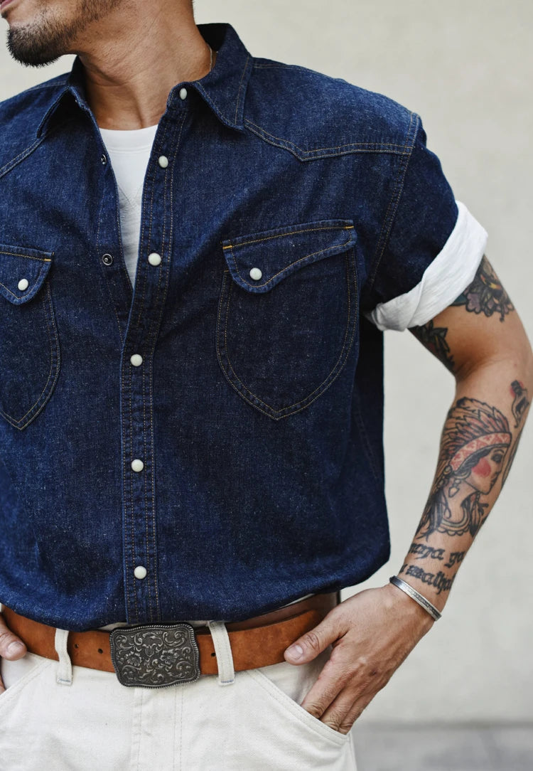 Sauce Zhan Mens Shirts Summer Short Sleeve Vintage Linen Indigo Denim Shirt Double Pockets Regular Fit