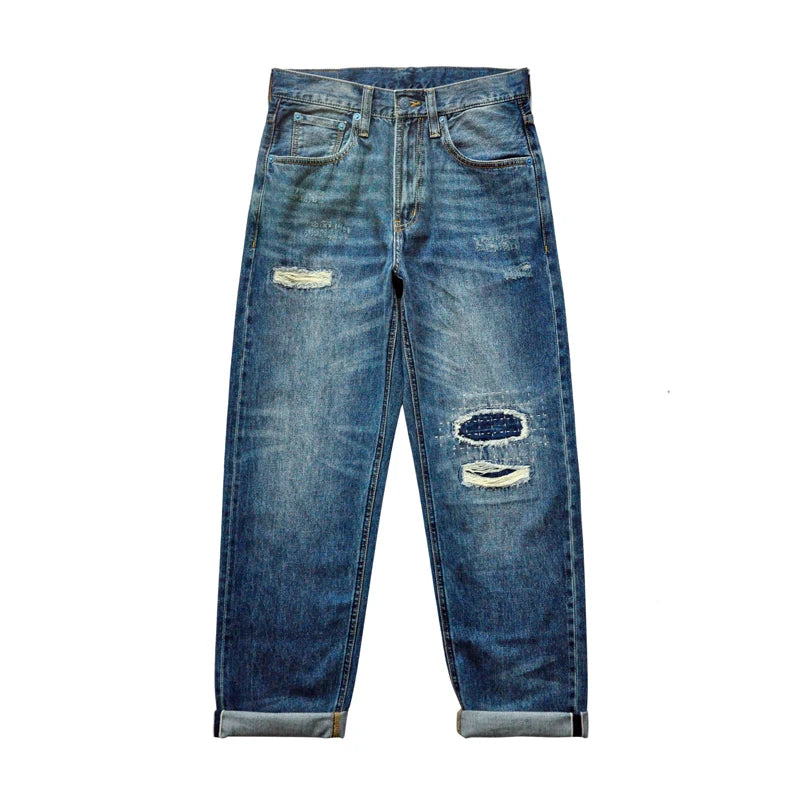 Sauce Zhan Selvedge Denim Jeans Men Ripped Jeans Embroidered Patches Cargo Jeans Distressed Straight Fit 10 Oz
