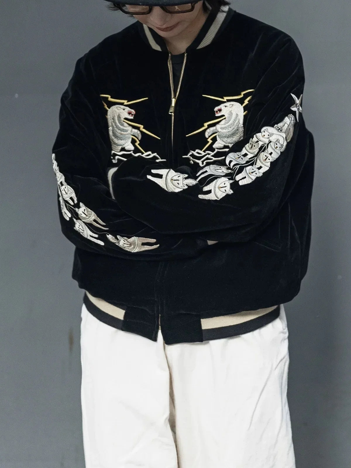 Non Stock 50s Alaska Embroidery Quilted Bomber Jacket Reversible Velveteen Outerwear Unisex