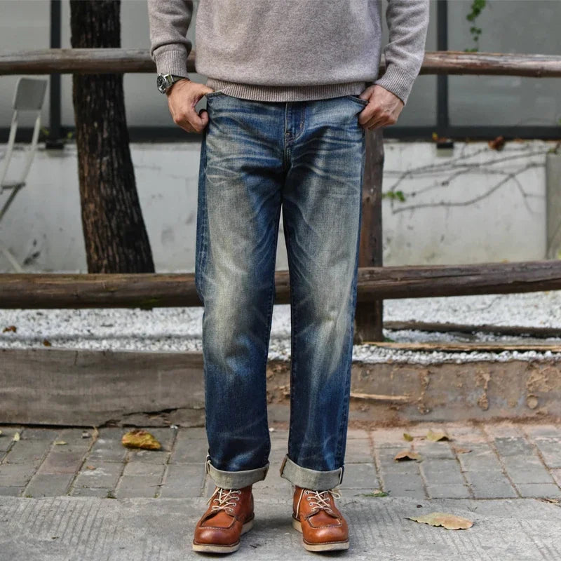 Sauce Zhan Mens Jeans Distressed Wash Jeans for Men Selvedge Denim Regular Fit Straight Leg 14.5 Oz