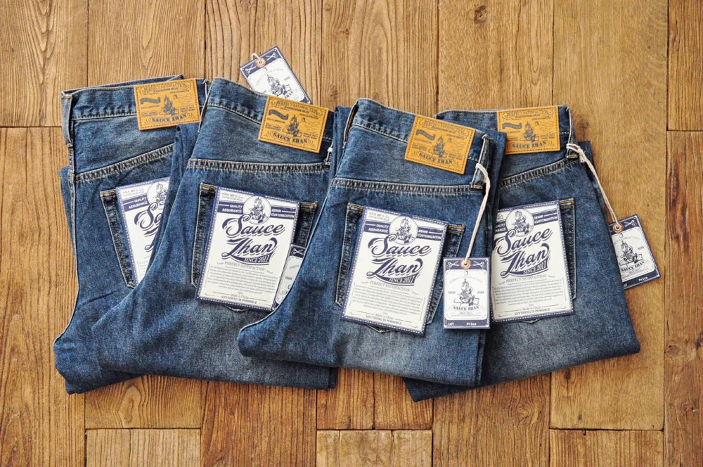 Sauce Zhan Selvedge Denim Jeans Men Ripped Jeans Embroidered Patches Cargo Jeans Distressed Straight Fit 10 Oz