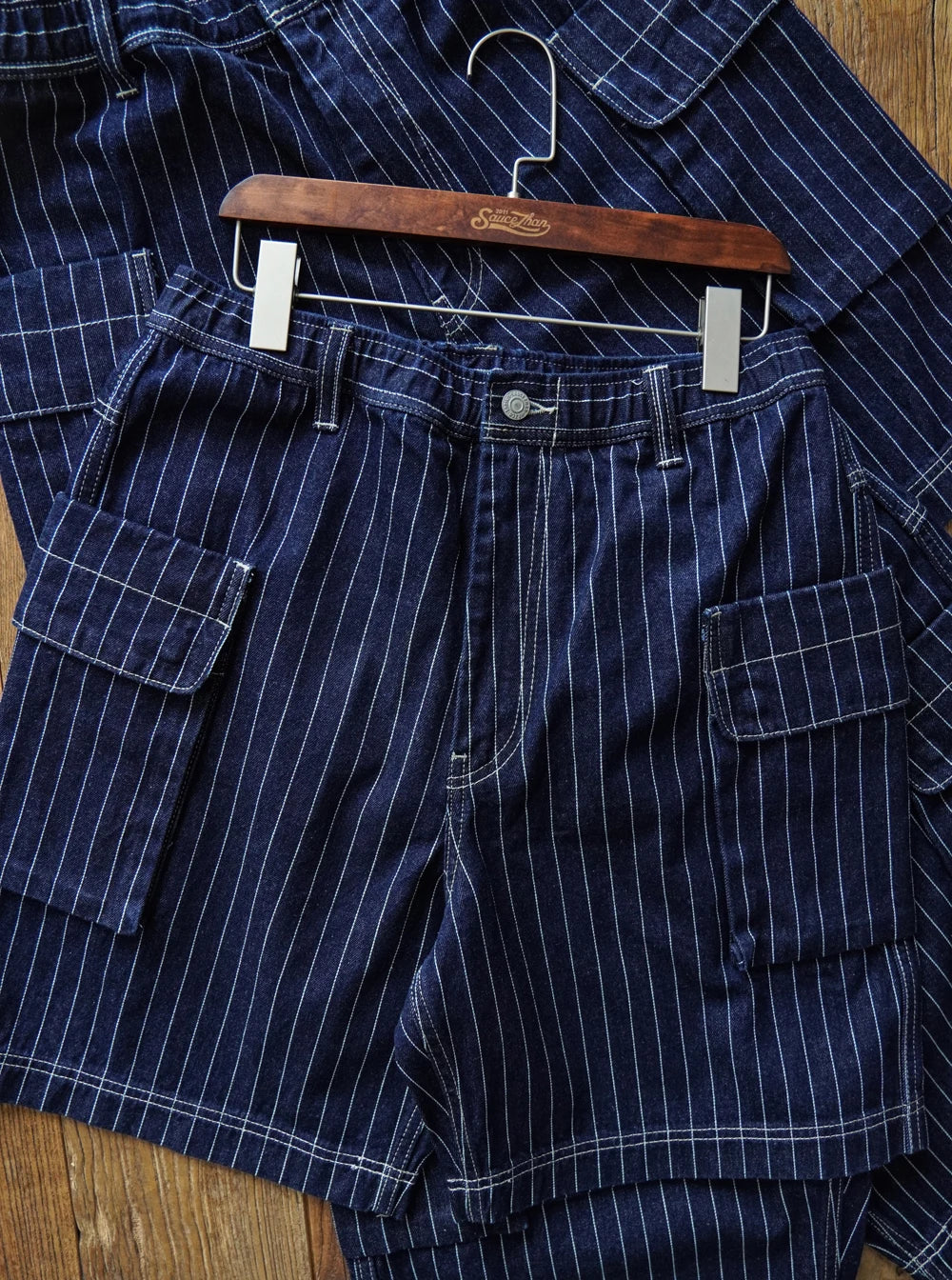 Sauce Zhan Mans Short Summer Cargo Shorts Men Stripe Denim Short Multiple Packets Vintage Knee Length Loose shorts Fit