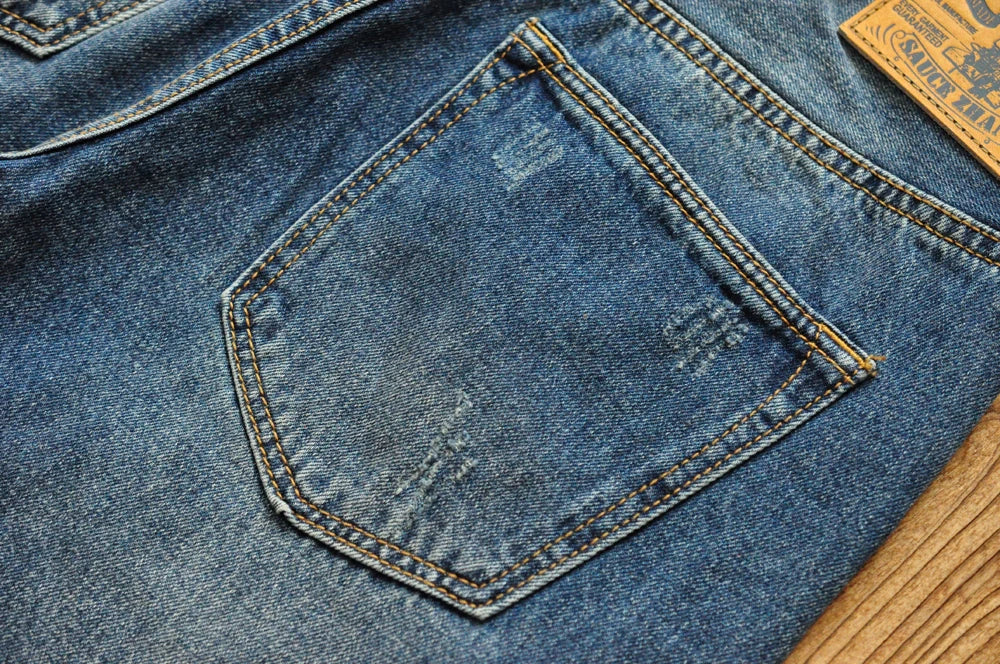 Sauce Zhan Selvedge Denim Jeans Men Ripped Jeans Embroidered Patches Cargo Jeans Distressed Straight Fit 10 Oz