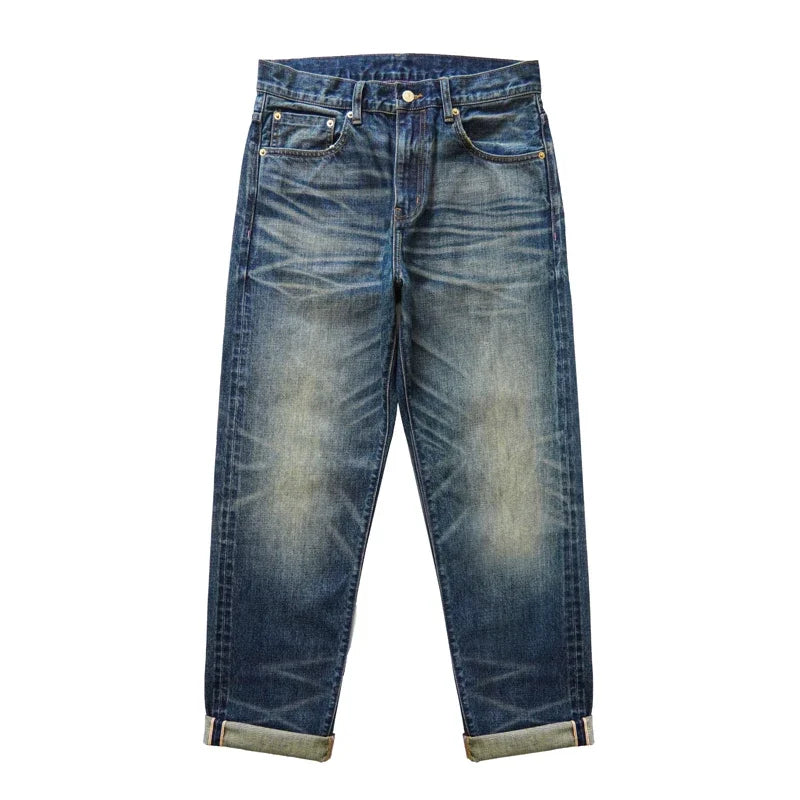 Sauce Zhan Mens Jeans Distressed Wash Jeans for Men Selvedge Denim Regular Fit Straight Leg 14.5 Oz
