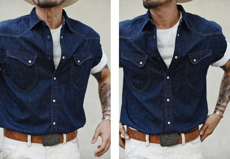 Sauce Zhan Mens Shirts Summer Short Sleeve Vintage Linen Indigo Denim Shirt Double Pockets Regular Fit