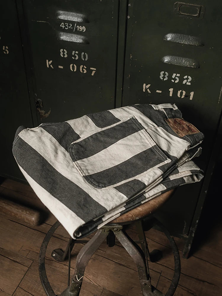 Non Stock Horizontal Stripes Prisoner Pants Vintage Motorcycle Rider Biker Trousers
