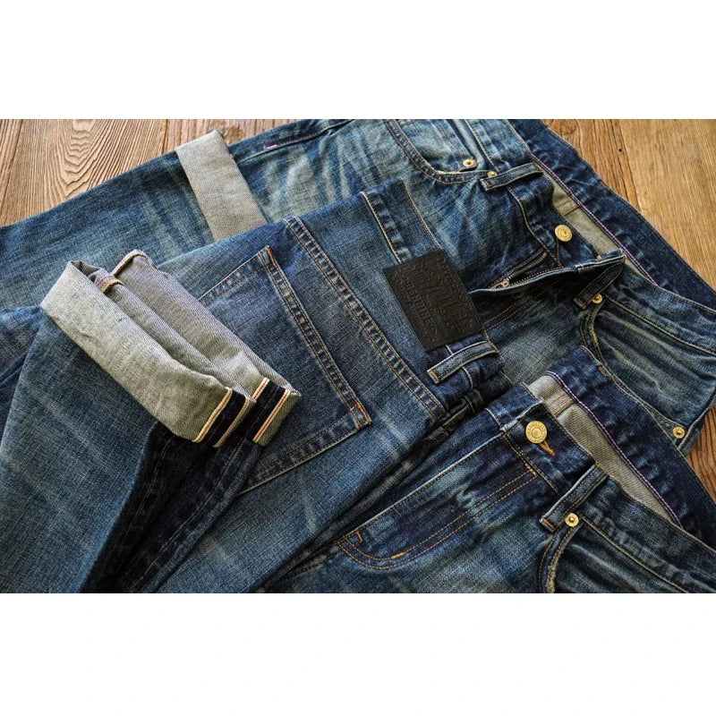 Sauce Zhan Mens Jeans Distressed Wash Jeans for Men Selvedge Denim Regular Fit Straight Leg 14.5 Oz