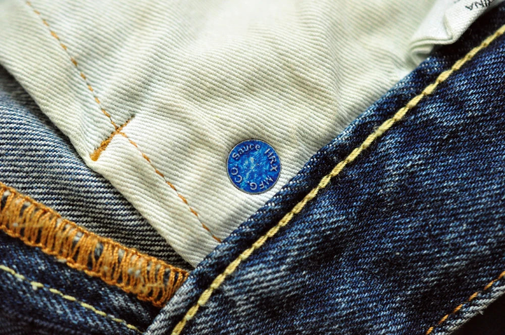 Sauce Zhan Selvedge Denim Jeans Men Ripped Jeans Embroidered Patches Cargo Jeans Distressed Straight Fit 10 Oz