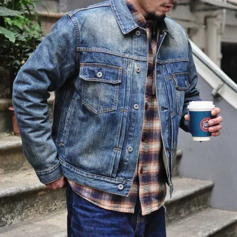SAUCE ZHAN Distressed Denim Jacket Jean Jacket Men Jeans Men Selvedge Denim Motorcycle Jacket American Casual Wear