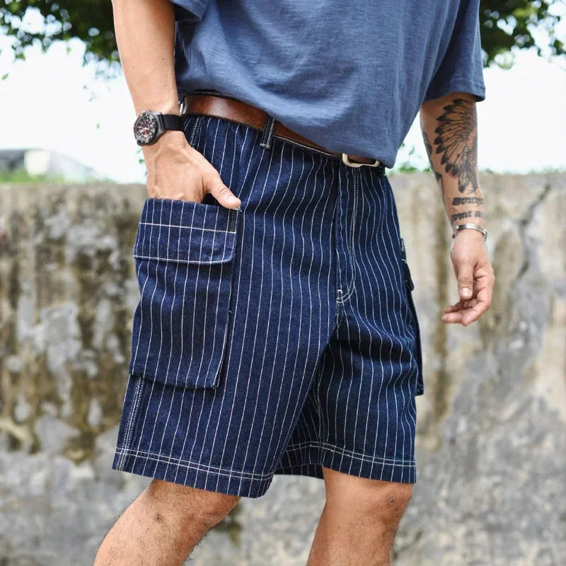 Sauce Zhan Mans Short Summer Cargo Shorts Men Stripe Denim Short Multiple Packets Vintage Knee Length Loose shorts Fit