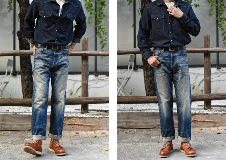 Sauce Zhan Mens Jeans Distressed Wash Jeans for Men Selvedge Denim Regular Fit Straight Leg 14.5 Oz