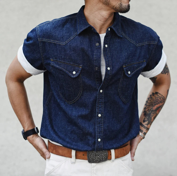 Sauce Zhan Mens Shirts Summer Short Sleeve Vintage Linen Indigo Denim Shirt Double Pockets Regular Fit