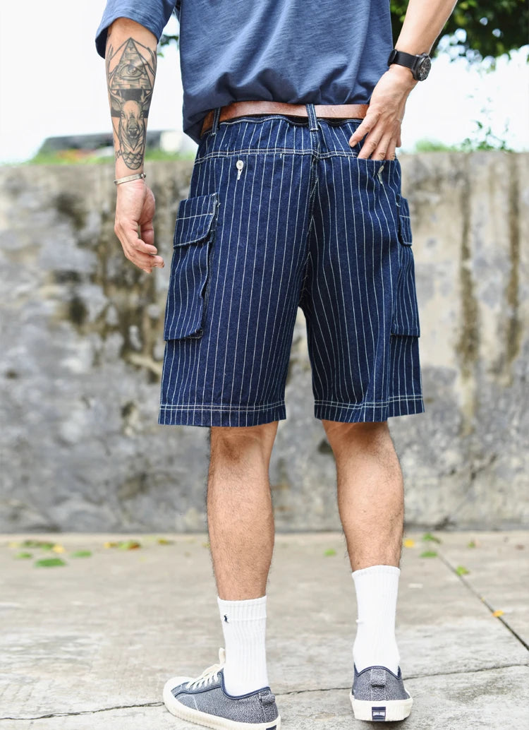 Sauce Zhan Mans Short Summer Cargo Shorts Men Stripe Denim Short Multiple Packets Vintage Knee Length Loose shorts Fit