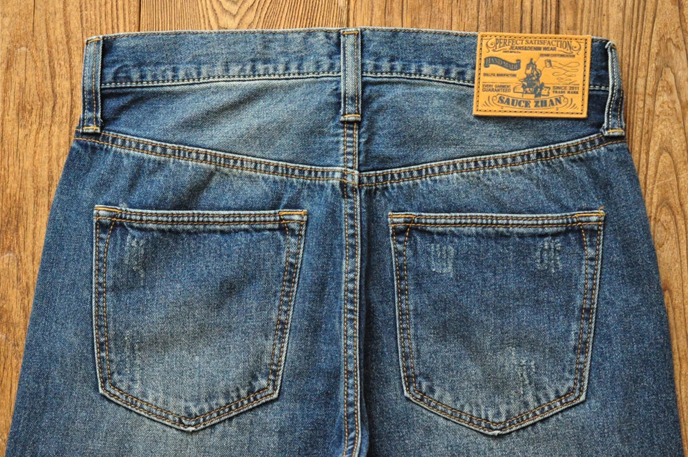 Sauce Zhan Selvedge Denim Jeans Men Ripped Jeans Embroidered Patches Cargo Jeans Distressed Straight Fit 10 Oz