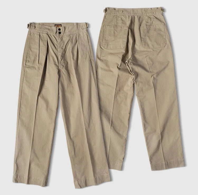 Non Stock 1960s Military-Inspired Chino Pants Cotton Twill Pleat Casual Trousers