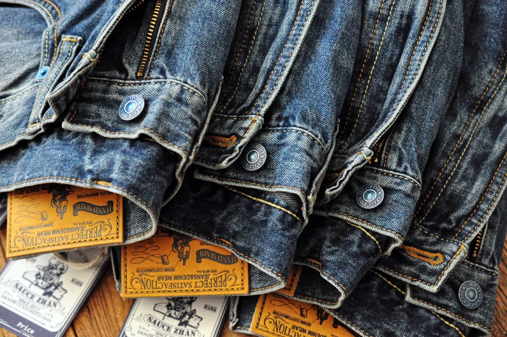 Sauce Zhan Selvedge Denim Jeans Men Ripped Jeans Embroidered Patches Cargo Jeans Distressed Straight Fit 10 Oz