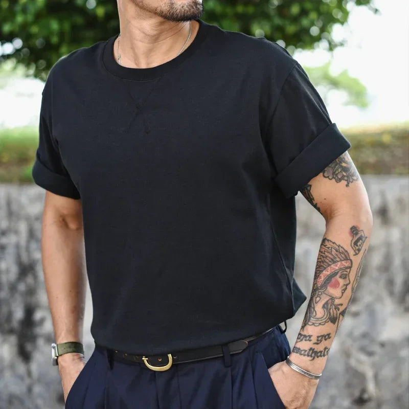 Sauce Zhan Mens T Shirts Cotton T-shirt for Man Vintage Drop Shoulder Sleeve Breathable and Soft 280g Loose Fit